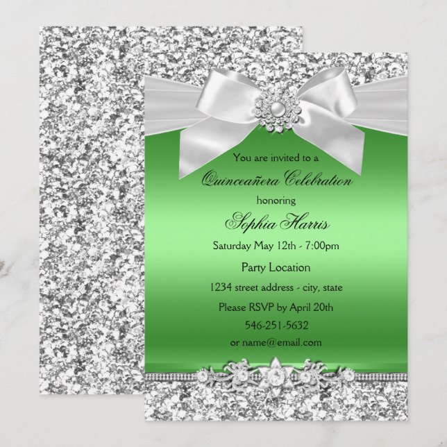 Silver Lime Green Glitzer Jewel Bow Quinceanera Einladung (Vorne/Hinten)
