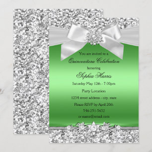 Silver Lime Green Glitzer Jewel Bow Quinceanera Einladung