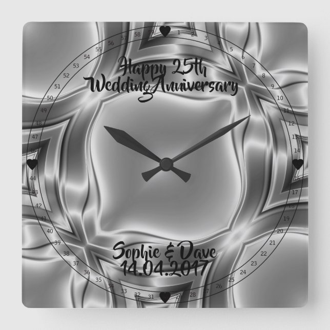 Silver Lines 25. Silver Wedding Anniversary Quadratische Wanduhr (Vorderseite)