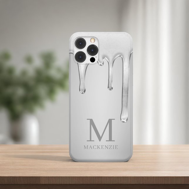 Silver Liquid Chrome Tropfens Metal Monogram iPhone 14 Pro Hülle (Silver Liquid Chrome Drips Metal Monogram iPhone Case)