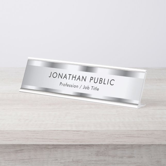 Silver Look Glamour personalisieren Elegant Modern Schreibtischnamensplakette (Vorderseite )