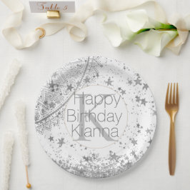 Silver Lotus Mandala Stars Monogram Birthday Pappteller