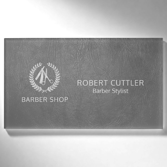 Silver Luxus Barbier Shop dunkelgraues Leder Look Namenschild (Vorderseite)