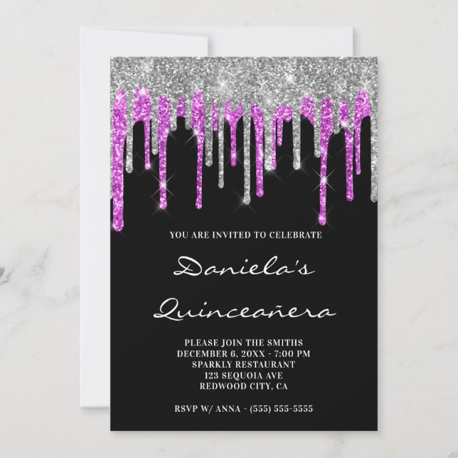 Silver Magenta Glitter Drips Black Quinceañera Einladung (Vorderseite)