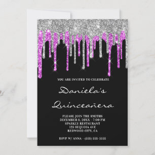 Silver Magenta Glitter Drips Black Quinceañera Einladung