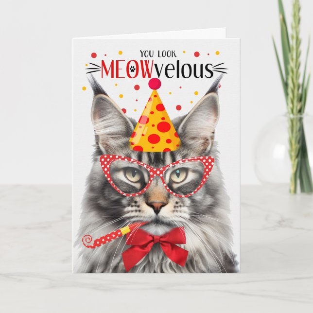 Silver Maine Coon Tabby Cat MEOWvelous Birthday Karte (Vorderseite)