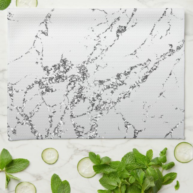 Silver Marble Glam Glitzer Geschirrtuch (Gefaltet)