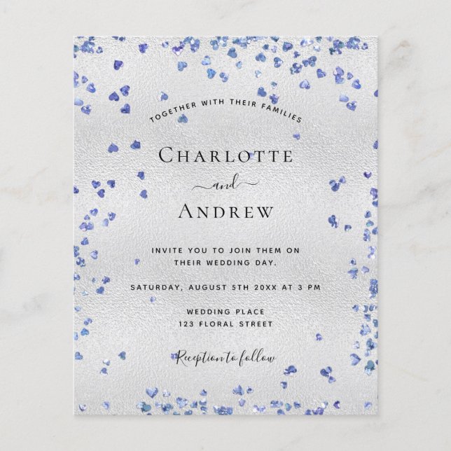 Silver Marine Blue Herz Budget Einladung Hochzeit Flyer (Vorne)