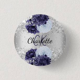 Silver Marine Blues Blumen elegante Namensschild Button