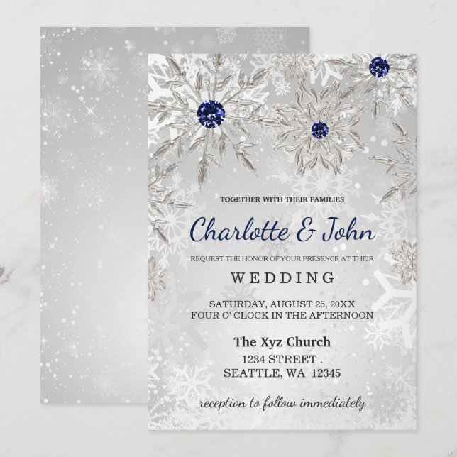 Silver Marine Schneeflocken Winterhochzeit Einladu Einladung (Vorne/Hinten)