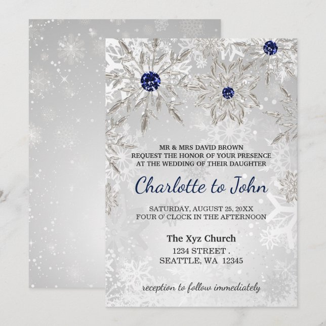 Silver Marine Schneeflocken Winterhochzeit Einladu Einladung (Vorne/Hinten)