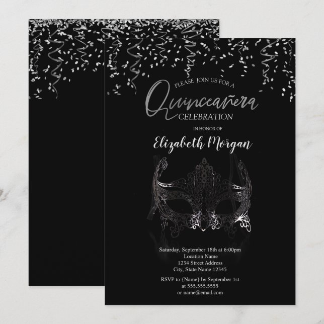 Silver Masque, Confetti Masquerade Quinceañera Einladung (Vorne/Hinten)
