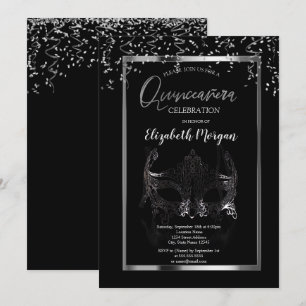 Silver Masque, Rahmen, Confetti Quinceañera Einladung