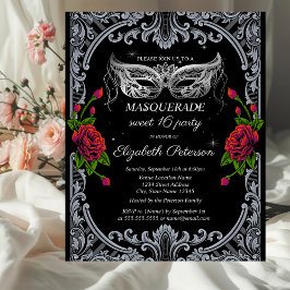 Silver Masque Rote Rosen Gothic Sweet 16 Einladungspostkarte