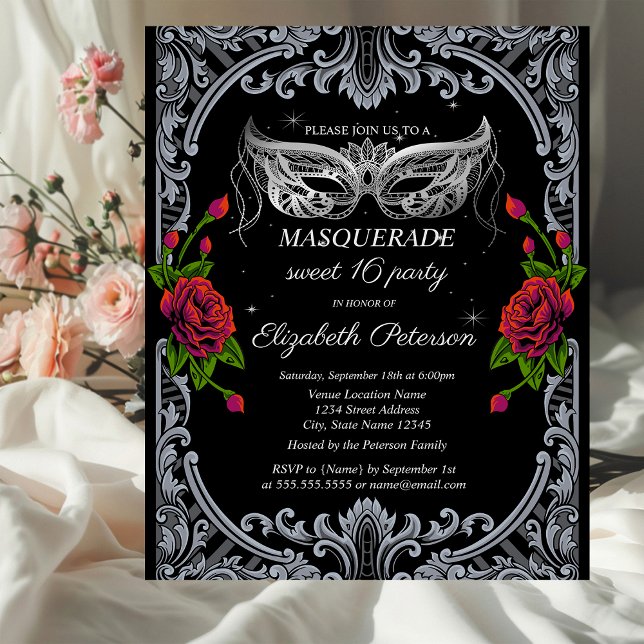 Silver Masque Rote Rosen Gothic Sweet 16 Einladungspostkarte (Von Creator hochgeladen)