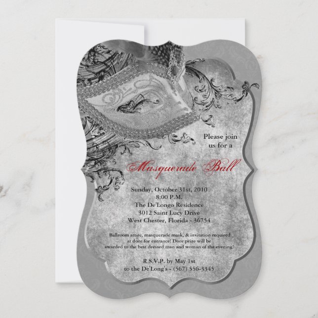 Silver Masquerade Ball Maskenkostüm Halloween Teil Einladung (Vorderseite)