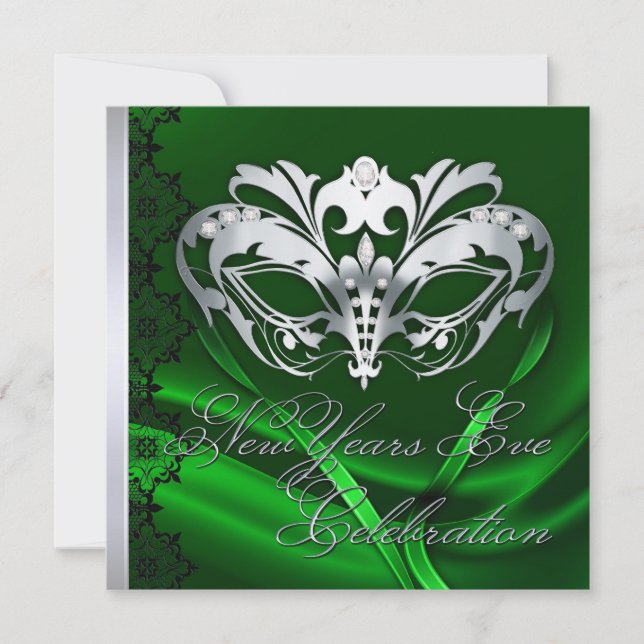 Silver Masquerade Maske Grüne neue Jahre Einladung (Vorderseite)