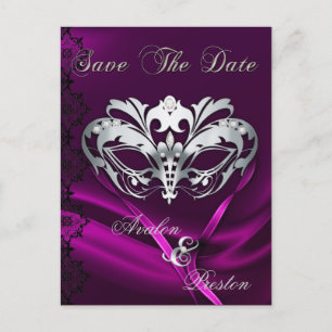 Silver Masquerade Pink Jewel Save the Date Ankündigungspostkarte