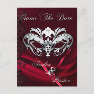 Silver Masquerade Red Jewel Save the Date Postcard Ankündigungspostkarte
