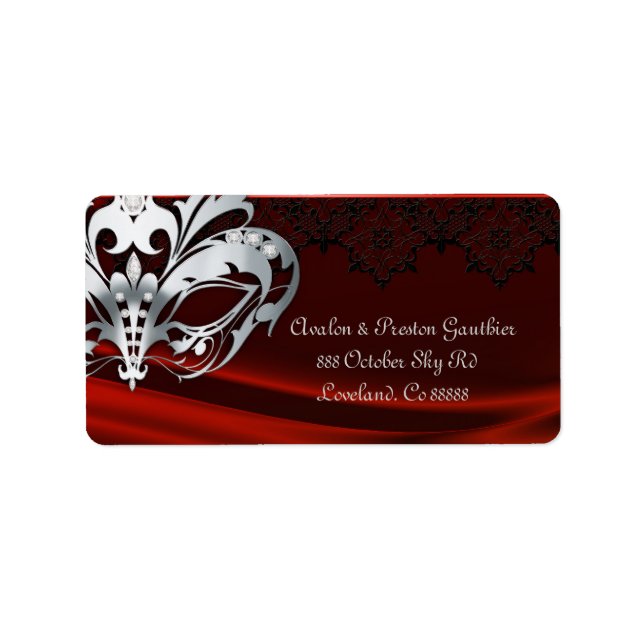 Silver Masquerade Red Jewel Wedding Address Label Adressaufkleber (Vorne)
