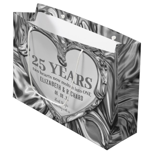 Silver Metal Heart Wedding Jubiläum Große Geschenktüte (Vorderseite Schrägansicht)