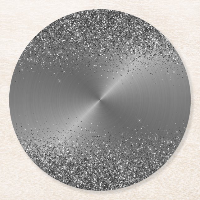 Silver Metal Look Glitzer Black Circular Metallic Runder Pappuntersetzer (Vorderseite)