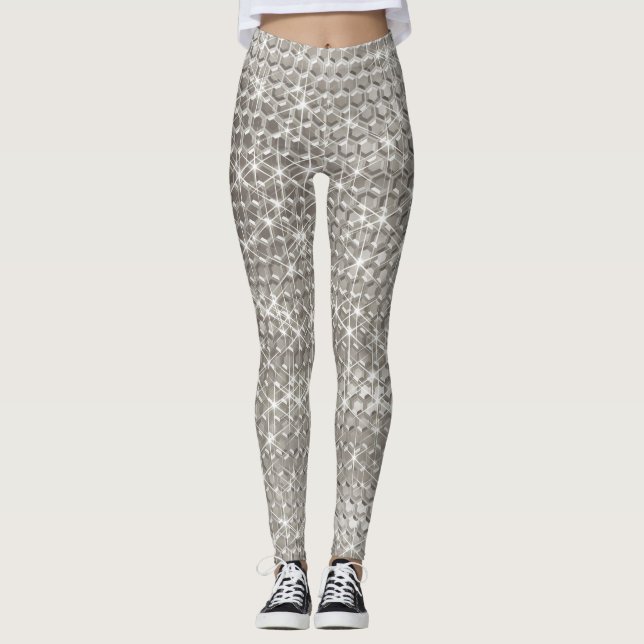 Silver Metal Unique Glitzer Sparkle Metallic Glam Leggings (Vorderseite)