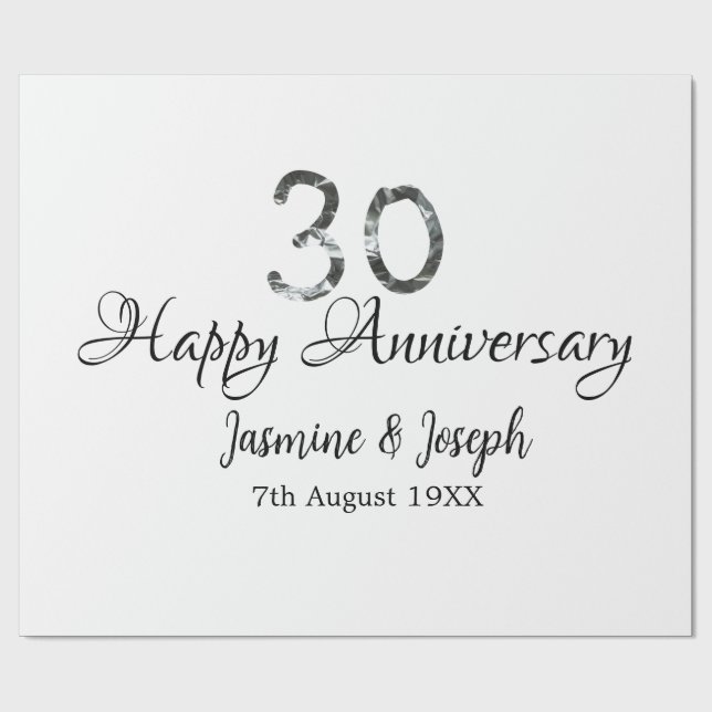 Silver Metallic 30. Happy Jubiläum Name hinzufügen Geschenkpapier (Flach)