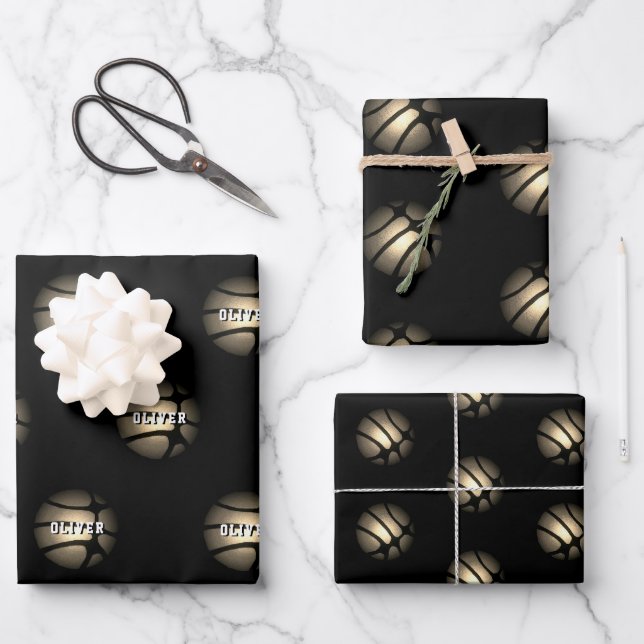 Silver Metallic Basketball Ball Kids Name Birthday Geschenkpapier Set (Vorderseite)
