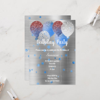 SILVER METALLIC & BLAU BIRTHDAY BALLOON SPOT EINLADUNG