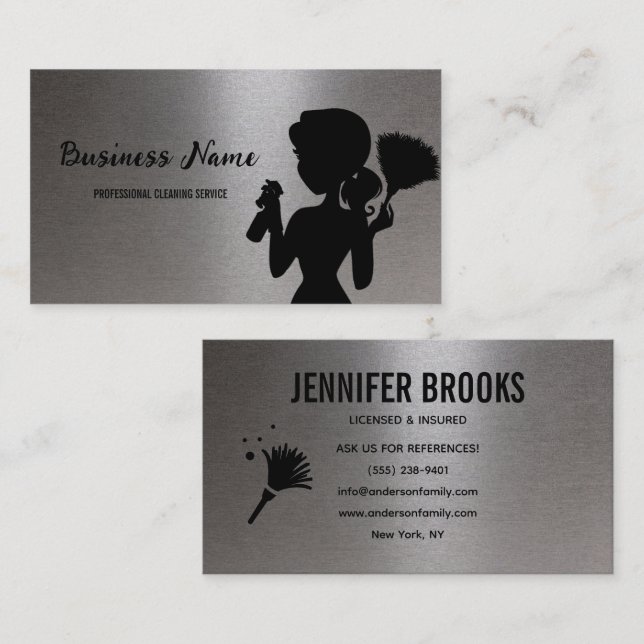 Silver Metallic Cleaning Service Housekeeper Maid Visitenkarte (Vorne/Hinten)
