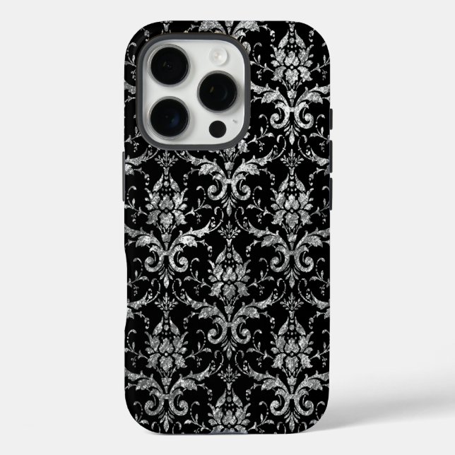 Silver Metallic Damask auf Black iPhone 16 Pro Hülle (Rückseite)