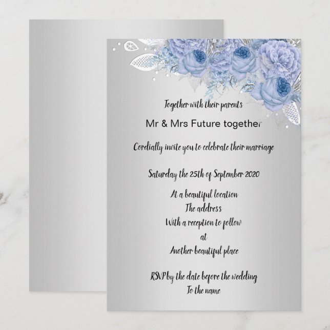 Silver Metallic floral Lilac Bouquet Wedding Einladung (Vorne/Hinten)