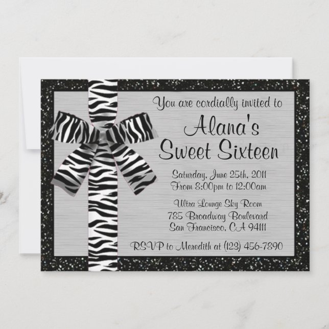 Silver Metallic Glitzer Einladung mit Zebra Bow (Vorderseite)