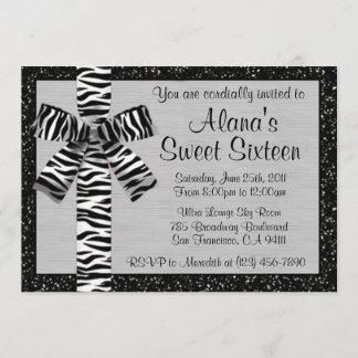 Silver Metallic Glitzer Einladung mit Zebra Bow