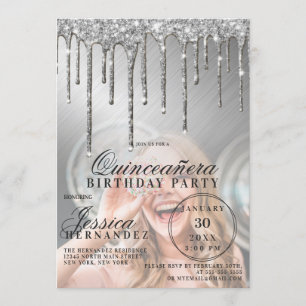 Silver Metallic Glitzer Tropfen Foto Quinceañera Einladung