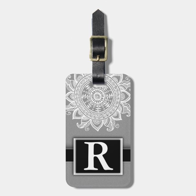 Silver Metallic Mandala Modernes, elegantes Monogr Gepäckanhänger (Vorderseite vertikal)