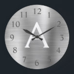 Silver Metallic Monogram Name & Initial Große Wanduhr<br><div class="desc">Silver faux Metallic Monogram Name and Initial Serving Wall Clock. The Wall Clock makes the perfect gift for someone who loves silver stainless steel.</div>