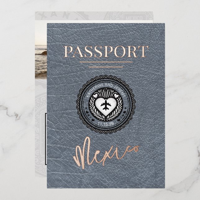 Silver Mexico Passport Hochzeit Folieneinladung (Vorderseite/Rückseite)