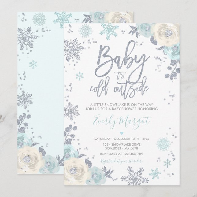 Silver & Mint Floral Winter Baby Showflake Einladung (Vorne/Hinten)