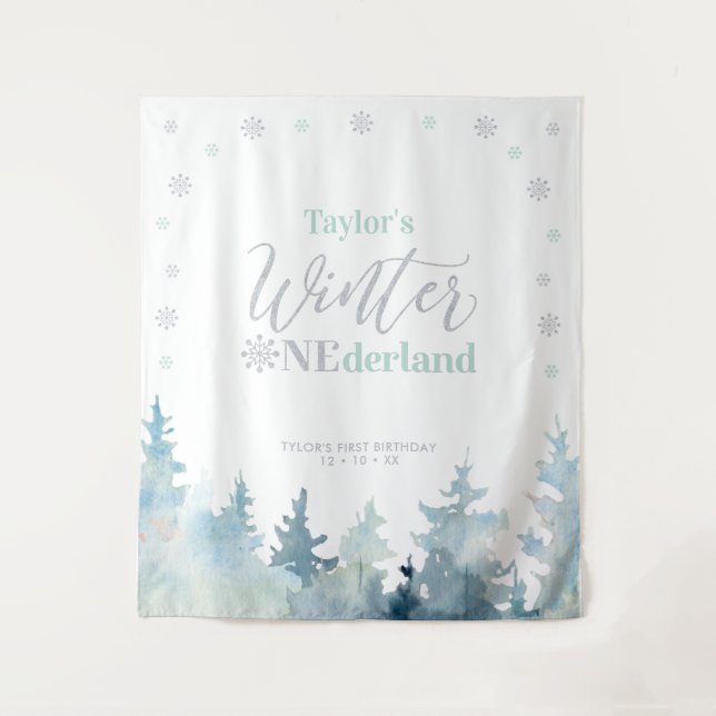 Silver & Mint Winter onderland 1. Geburtstag Wandteppich (Vorderseite)