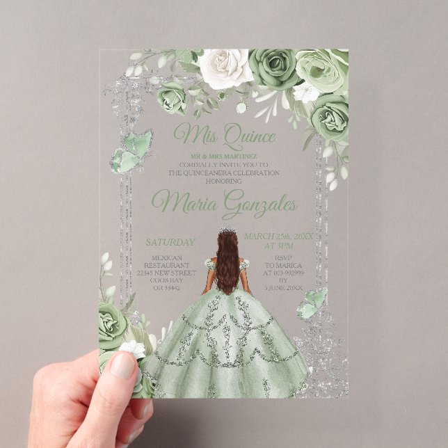 Silver Mis Quince Sage Green Floral Quinceañera Acryleinladungen (Insitu (Handheld))