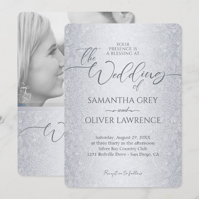 Silver Modern Damask Foto Hochzeitseinladung Einladung (Vorne/Hinten)