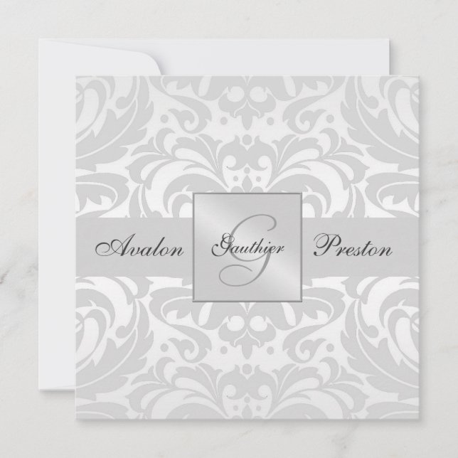 Silver Monogram Damask Hochzeitseinladung Einladung (Vorderseite)