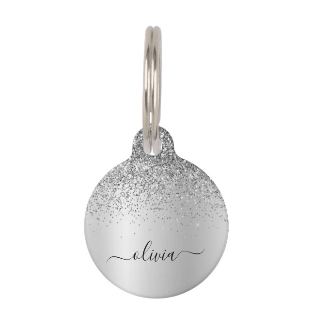 Silver Monogram Glitzer Sparkle Girly Script Haustiermarke (Vorderseite)