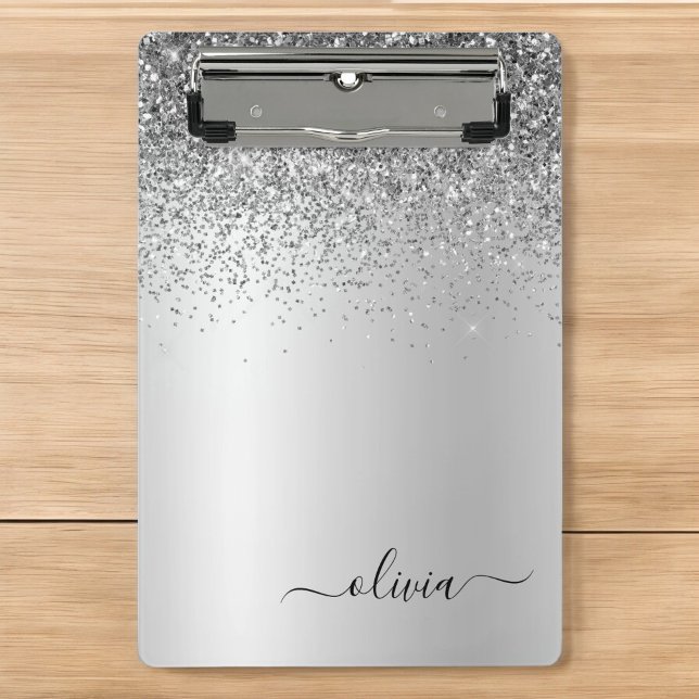 Silver Monogram Glitzer Sparkle Girly Script Mini Klemmbrett (Von Creator hochgeladen)