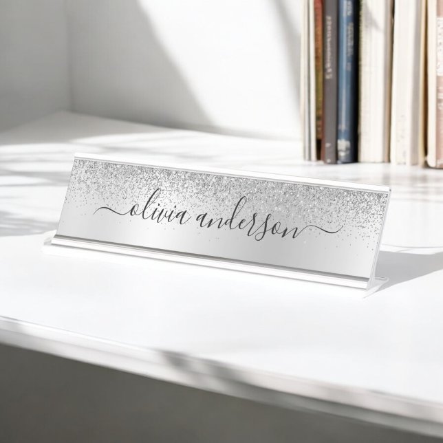 Silver Monogram Glitzer Sparkle Girly Script Schreibtischnamensplakette (Von Creator hochgeladen)