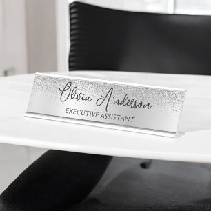 Silver Monogram Glitzer Sparkle Girly Script Schreibtischnamensplakette