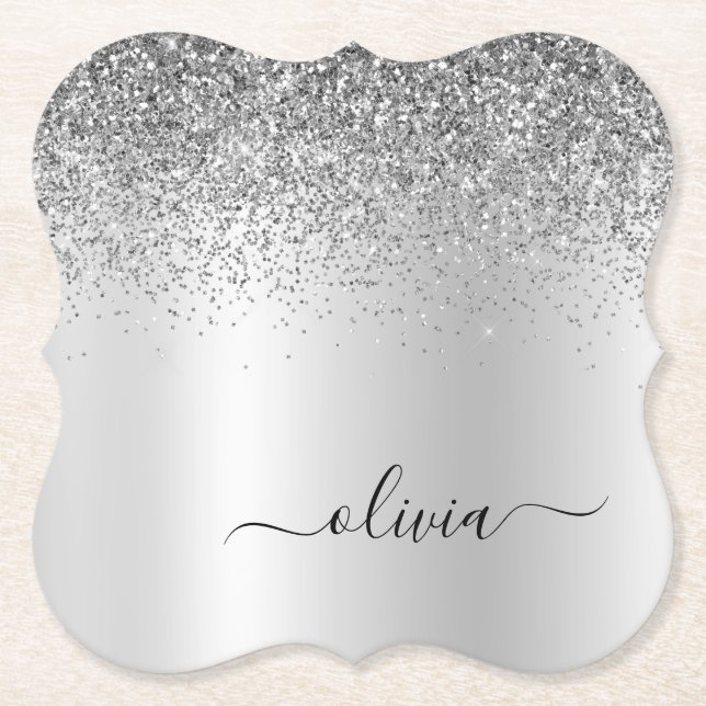 Silver Monogram Glitzer Sparkle Girly Script Untersetzer (Vorderseite)