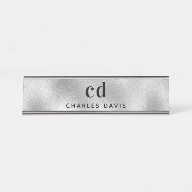 Silver Monogram Initialen minimalistisch modern Schreibtischnamensplakette (Vorderseite )